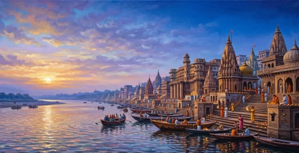Banaras Ghat Painting (ART-3319-122603) - Handpainted Art Painting - 48in X 30in
