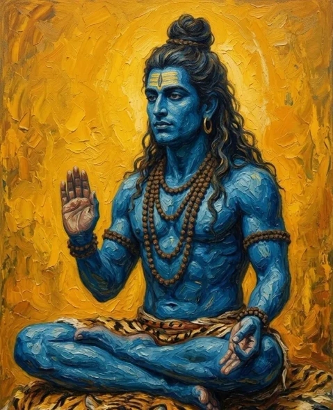 Handmade Acrylic Style Lord Shiva Painting - Abstract Textured Mahadev Canvas Art (ART-3319-122591) - Handpainted Art Painting - 36in X 48in