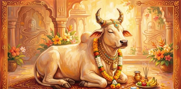Divine Nandi Bull Acrylic Style - Vastu & Temple Blessings Painting (ART-3319-122587) - Handpainted Art Painting - 48in X 24in