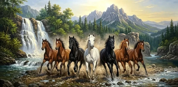 7 RUNNING HORSES AS PER VASTU (ART-3319-122585) - Handpainted Art Painting - 48in X 24in