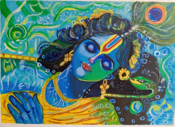 "Lord Krishna Acrylic Canvas Painting" (ART-18547-122581) - Handpainted Art Painting - 13in X 9in