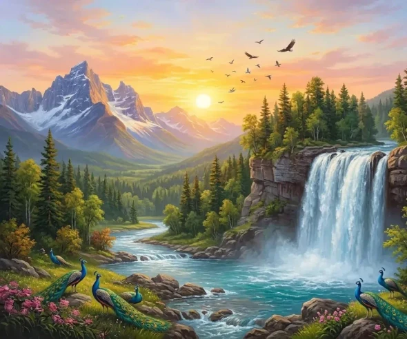 Handmade Acrylic Style Nature Landscape Painting - Waterfall Mountain Canvas Art (ART-3319-122576) - Handpainted Art Painting - 40in X 30in