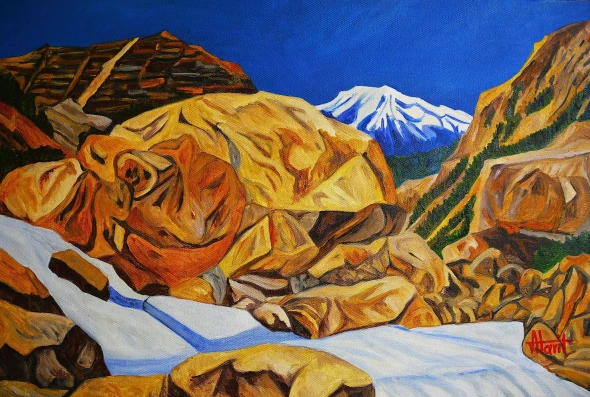 Stream And Boulders (ART-2948-122196) - Handpainted Art Painting - 24in X 16in