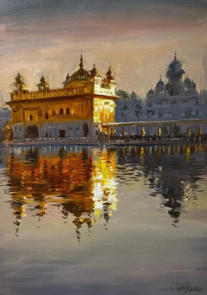 Golden Temple (ART-788-122657) - Handpainted Art Painting - 12in X 16in
