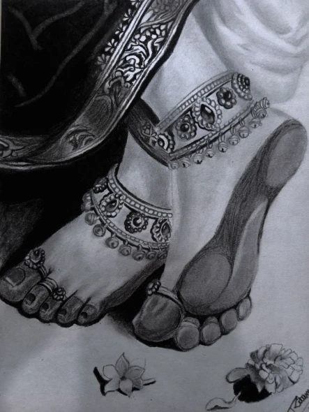 The Lotus Feet ? (ART-18548-122652) - Handpainted Art Painting - 8in X 11in