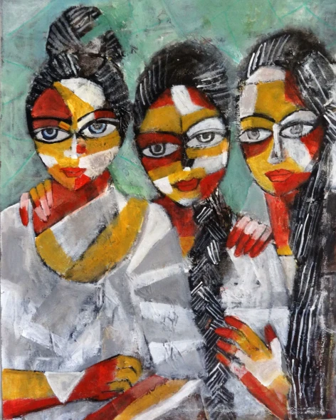 Three Women — Acrylic Mixed Media Painting (ART-18519-122637) - Handpainted Art Painting - 16in X 20in