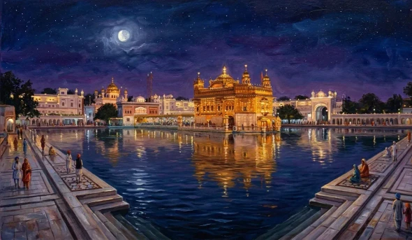 Golden Temple Painting (ART-3319-122743) - Handpainted Art Painting - 60in X 36in