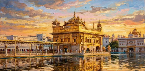 Golden Temple Painting (ART-3319-122742) - Handpainted Art Painting - 48in X 24in