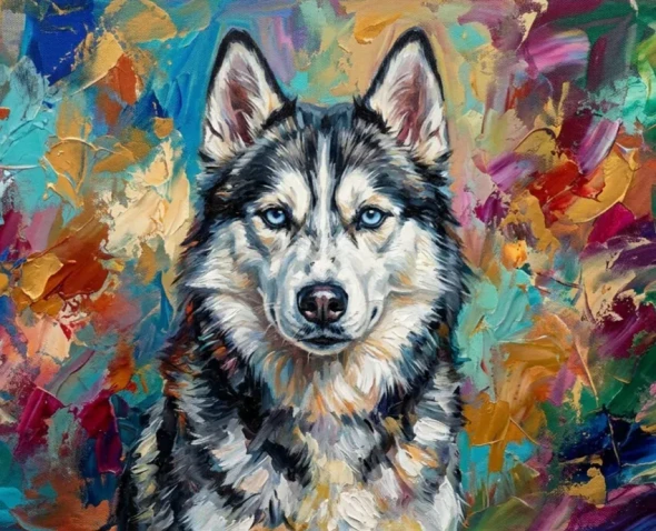 Siberian Husky Abstract Acrylic Painting, Colorful Dog Breed Wall Art (ART-3319-122740) - Handpainted Art Painting - 24in X 24in