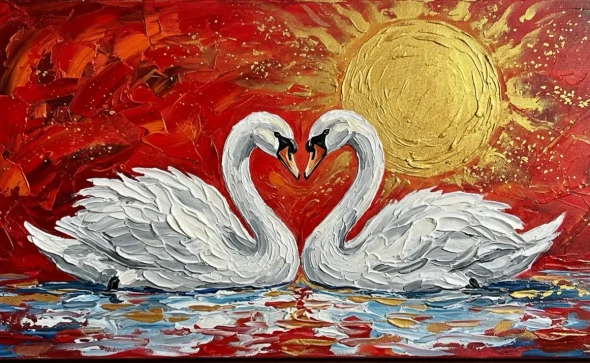 Swan Couple Abstract Acrylic Painting, Romantic Red Sunset Wall Art (ART-3319-122738) - Handpainted Art Painting - 36in X 24in