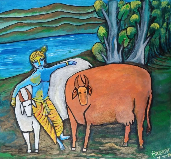Krishna With Cows (ART-17698-122719) - Handpainted Art Painting - 18in X 21in