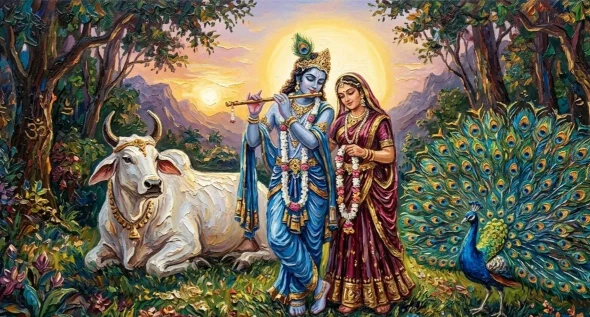 The Divine Radha Krishna (ART-3319-122718) - Handpainted Art Painting - 48in X 24in