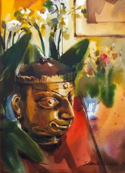 The Listening Figure (ART-8170-122716) - Handpainted Art Painting - 11in X 15in