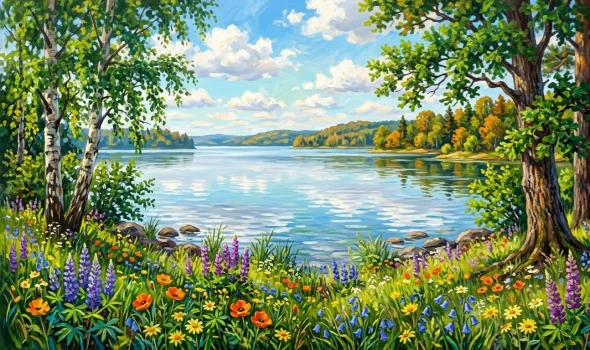 Nature's Heaven View Sea View Forest Landscape Scenery Painting (ART-3319-122715) - Handpainted Art Painting - 48in X 24in