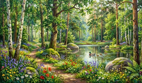 A Dense Forest Lake Landscape Scenery Painting (ART-3319-122712) - Handpainted Art Painting - 48in X 24in