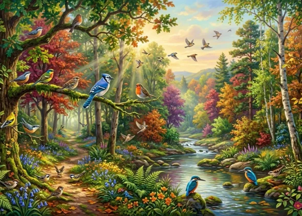 Nature's Heaven Forest Birds Of Paradise Landscape Scenery Painting (ART-3319-122710) - Handpainted Art Painting - 40in X 30in