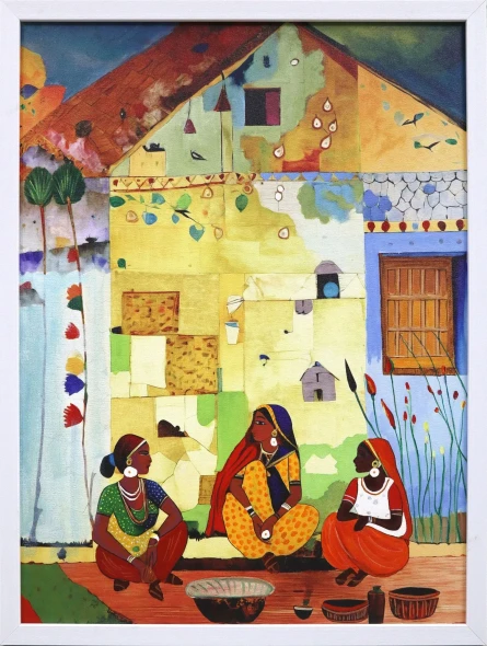 Diwali Discussion (ART-18572-122692) - Handpainted Art Painting - 18in X 24in