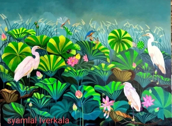 Lotus Pond ( Before Noon) (ART-6525-122658) - Handpainted Art Painting - 48in X 36in