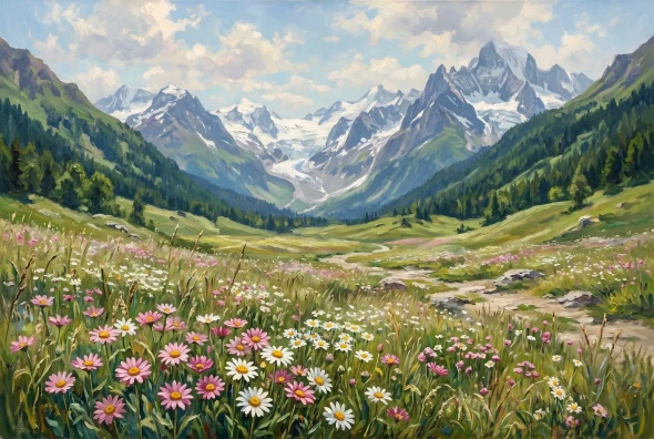 Daisy Meadow Below The Peaks (Sacred Peaks — A Himalayan Landscape Collection) (PRT-15697-122697) - Canvas Art Print - 60in X 40in