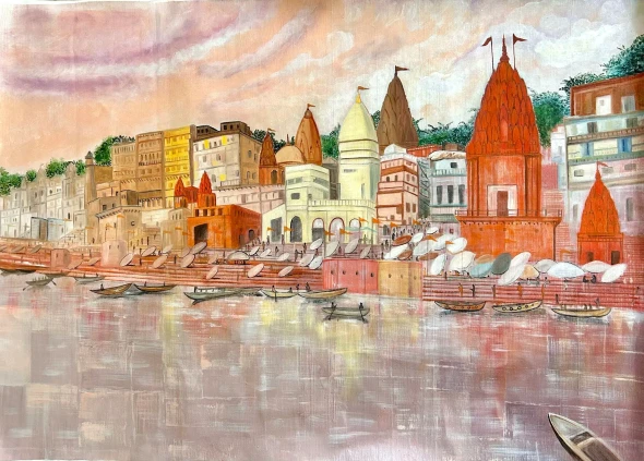 Banaras Ghat (ART-17575-122786) - Handpainted Art Painting - 35in X 30in