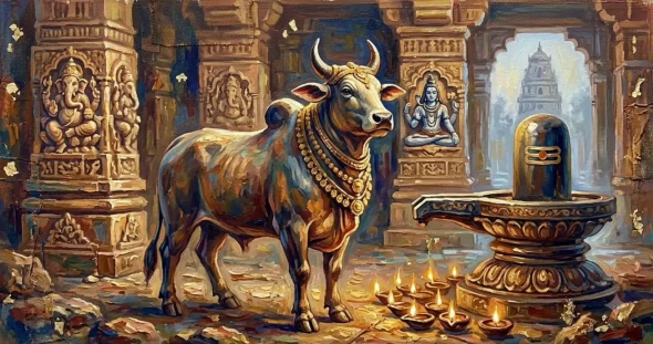 Handmade Lord Shiva And Nandi Canvas Painting | Traditional Indian Decor (ART-3319-122799) - Handpainted Art Painting - 48in X 24in