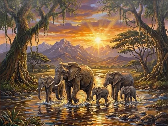 Elephant Family At Sunset Acrylic Painting | Textured Wildlife Landscape Art (ART-3319-122795) - Handpainted Art Painting - 40in X 30in