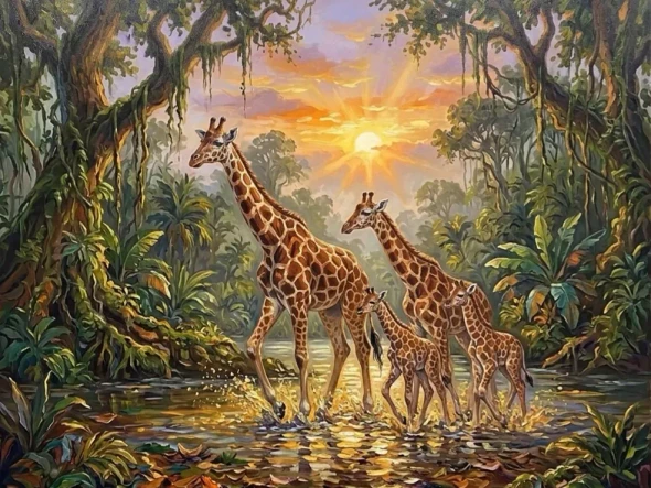 Giraffe Family At Sunset Acrylic Landscape Scenery Painting | Textured Wildlife Canvas Art (ART-3319-122794) - Handpainted Art Painting - 36in X 30in