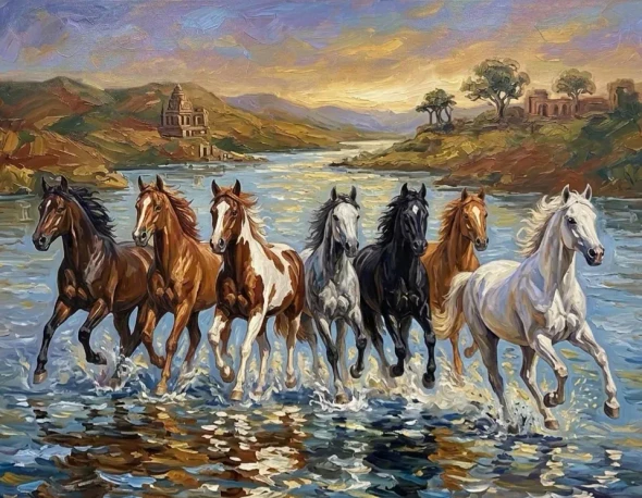 7 Running Horses As Per Vastu (ART-3319-122792) - Handpainted Art Painting - 36in X 30in