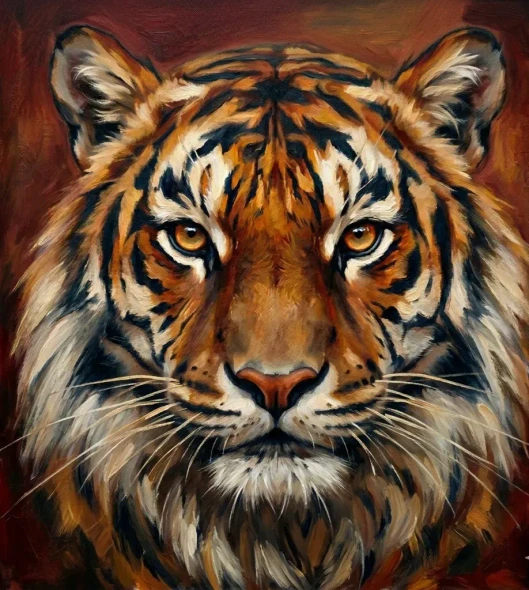 "Portrait Of A Tiger: Rich Impasto Brushwork And Warm Tones" (ART-3319-122761) - Handpainted Art Painting - 24in X 24in