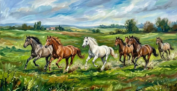 7 Running Horses Vastu (ART-3319-122674) - Handpainted Art Painting - 48in X 24in