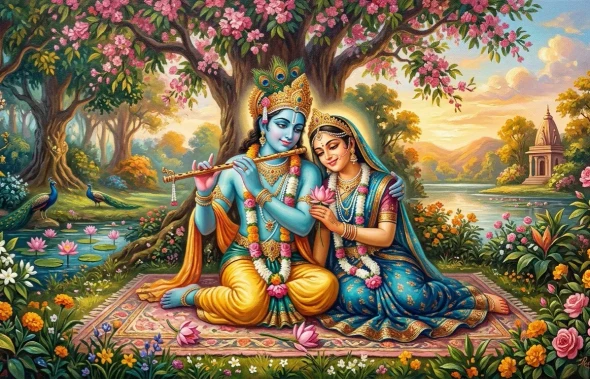 The Divine Radha Krishna (ART-3319-122673) - Handpainted Art Painting - 48in X 36in