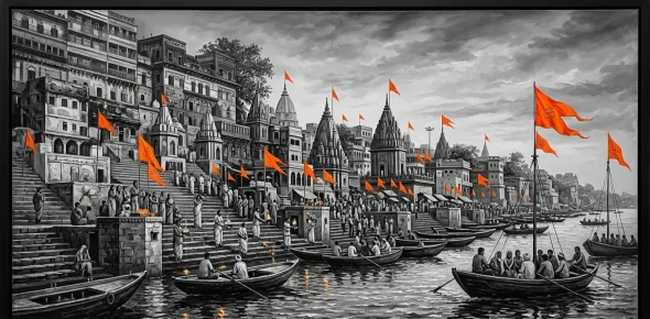 Banaras Ghat Painting (ART-3319-122664) - Handpainted Art Painting - 48in X 30in