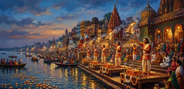 Varanasi Ghat Painting- Ganga Aarti At The Varanasi (ART-3319-122663) - Handpainted Art Painting - 60in X 36in