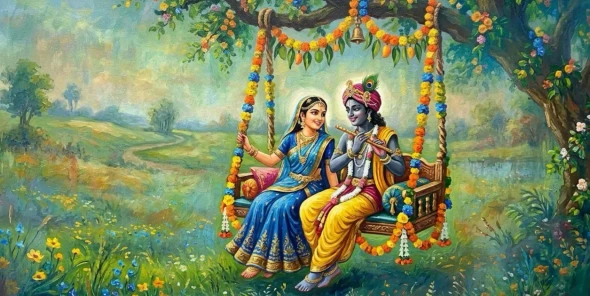 Radha Krishna On Swing Acrylic Painting | Divine Love Art For Home Decor (ART-3319-122787) - Handpainted Art Painting - 48in X 24in