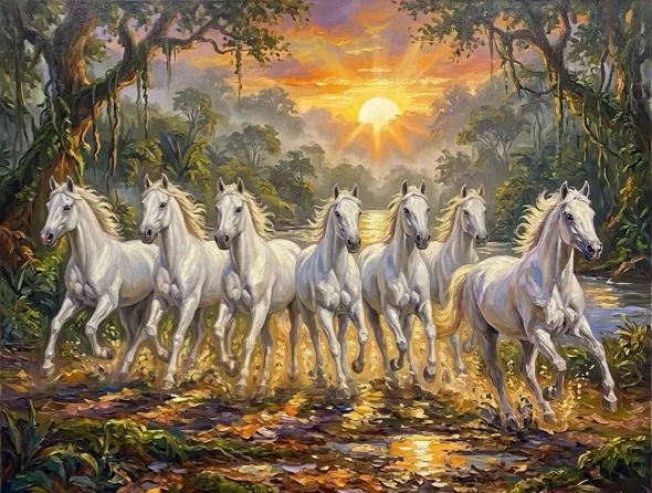 7 Running Horses As Per Vastu (ART-3319-122793) - Handpainted Art Painting - 36in X 30in
