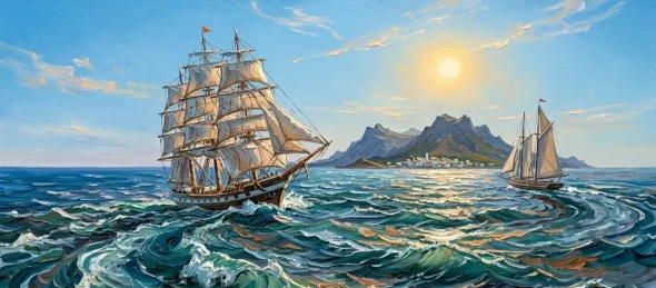 Ocean Seascape Ships Landscape Painting (ART-3319-122699) - Handpainted Art Painting - 48in X 24in
