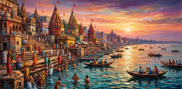 Banaras Ghat Painting (ART-3319-122770) - Handpainted Art Painting - 60in X 30in