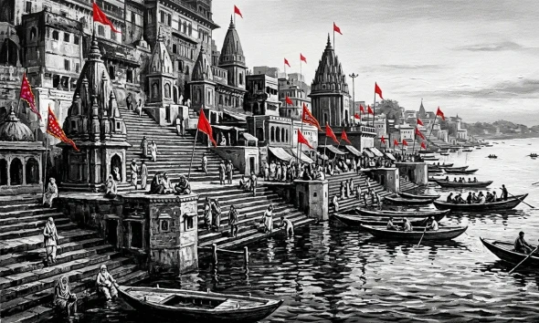 Varanasi Ghat Painting (ART-3319-122773) - Handpainted Art Painting - 48in X 36in
