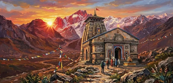 "Kedarnath Temple Landscape: Panoramic Oil-Style Painting" (ART-3319-122765) - Handpainted Art Painting - 48in X 30in