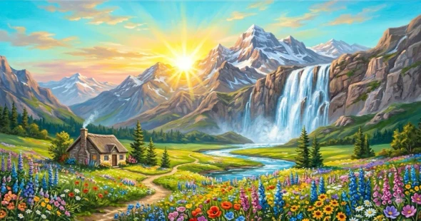 Alpine Morning Serenity- Moutains Waterfall Landscape Painting (ART-3319-122703) - Handpainted Art Painting - 48in X 24in