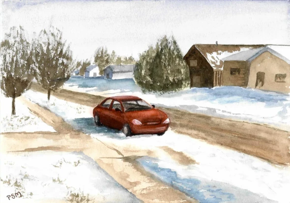 Winter Transit 2 (ART-5291-122872) - Handpainted Art Painting - 11in X 8in