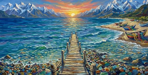 Vibrant Ocean Waves And Snow Peaks Painting – Impasto Spatula Style Coastal Landscape (ART-3319-122822) - Handpainted Art Painting - 48in X 24in