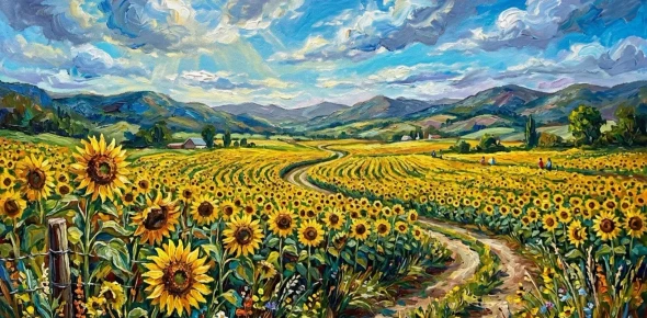 Handmade Textured Acrylic Sunflower Painting – Abstract Impasto Landscape Canvas (ART-3319-122820) - Handpainted Art Painting - 48in X 24in