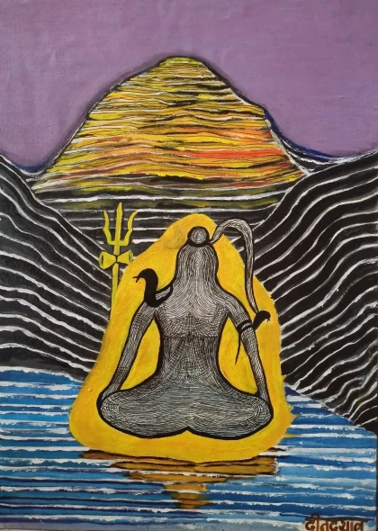 Shiv Kelash 2 (ART-17698-122917) - Handpainted Art Painting - 13in X 19in