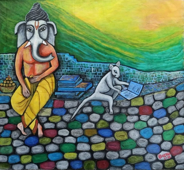 Student Lord Ganesha (ART-17698-122916) - Handpainted Art Painting - 21in X 19in