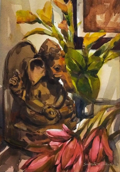 Lotus And The Lord (ART-8170-122915) - Handpainted Art Painting - 15in X 22in