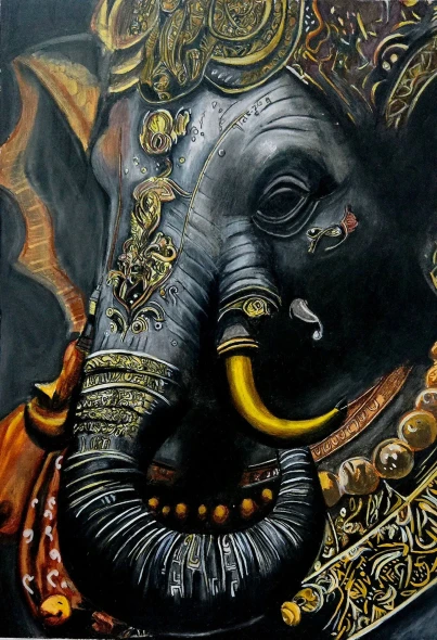 LORD GANESHA (ART-7659-122889) - Handpainted Art Painting - 11in X 16in