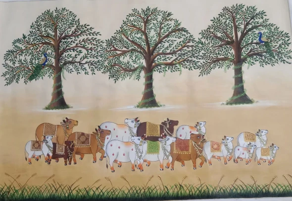 Kamdhenu Cow With Nature (ART-15079-122877) - Handpainted Art Painting - 48in X 36in