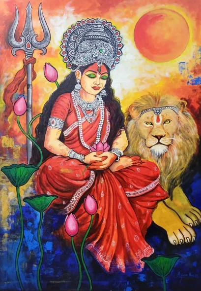 Durga The SHAKTI (ART-82-122873) - Handpainted Art Painting - 42in X 60in