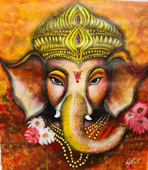 Ganesha (ART-17937-122844) - Handpainted Art Painting - 18in X 19in